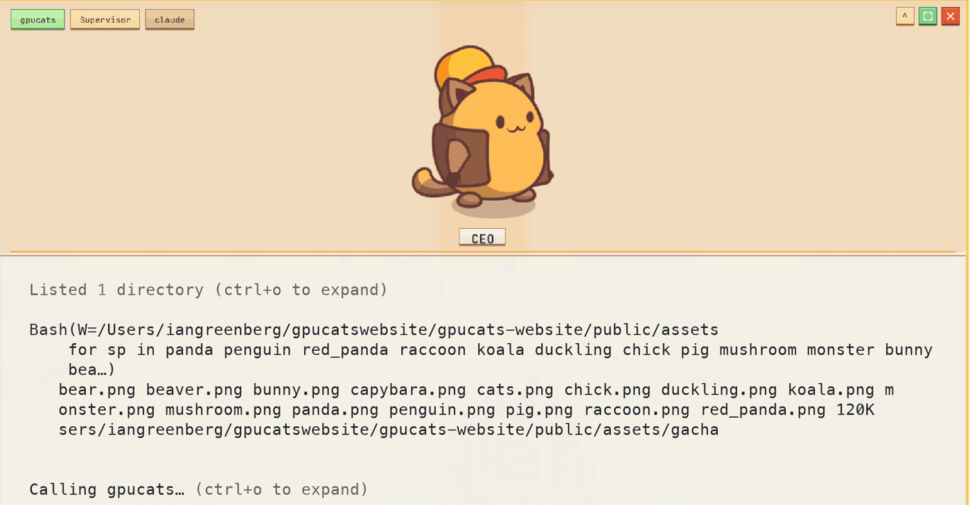 The companion panel: chatting with the CEO cat while it works through a task list